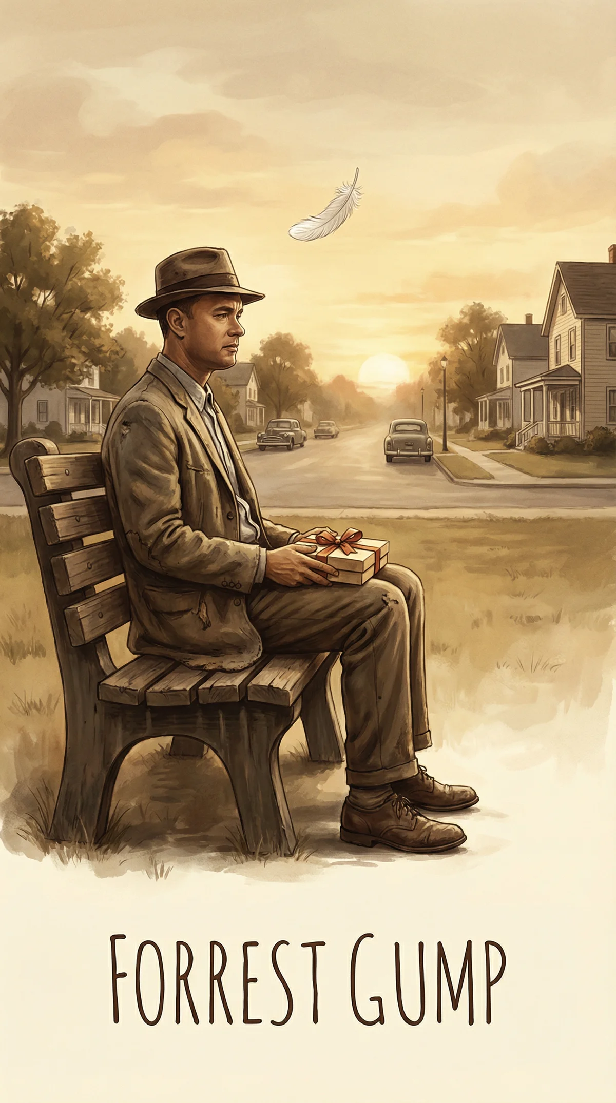 阿甘正传经典电影海报展示主角坐在公园长椅上手持礼盒